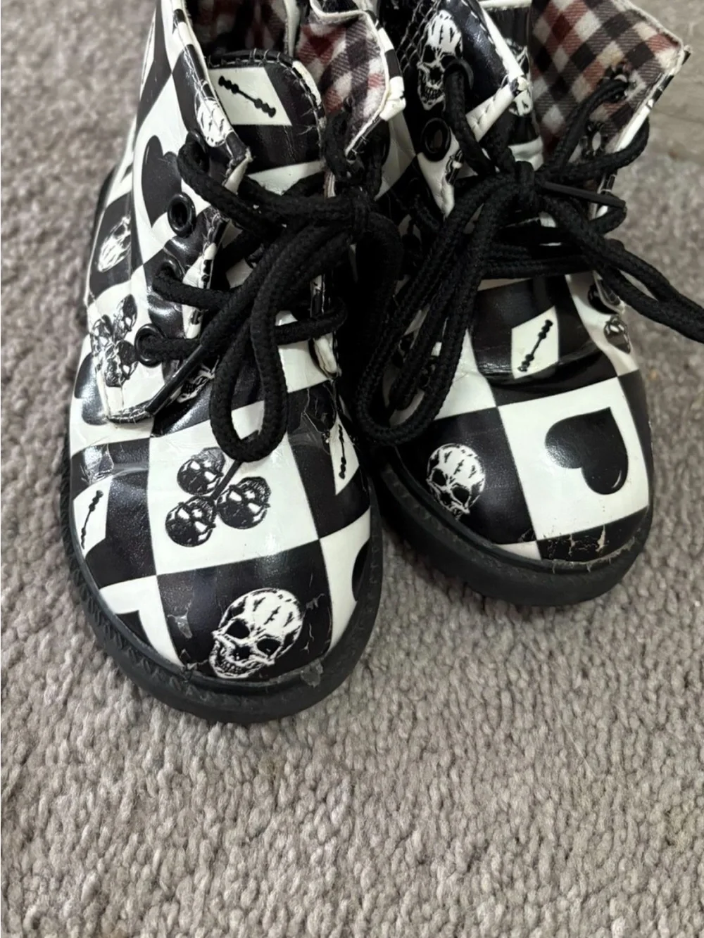 Kids Black and White Checkerboard Skull Lace-Up Boots - Youth Gothic Style